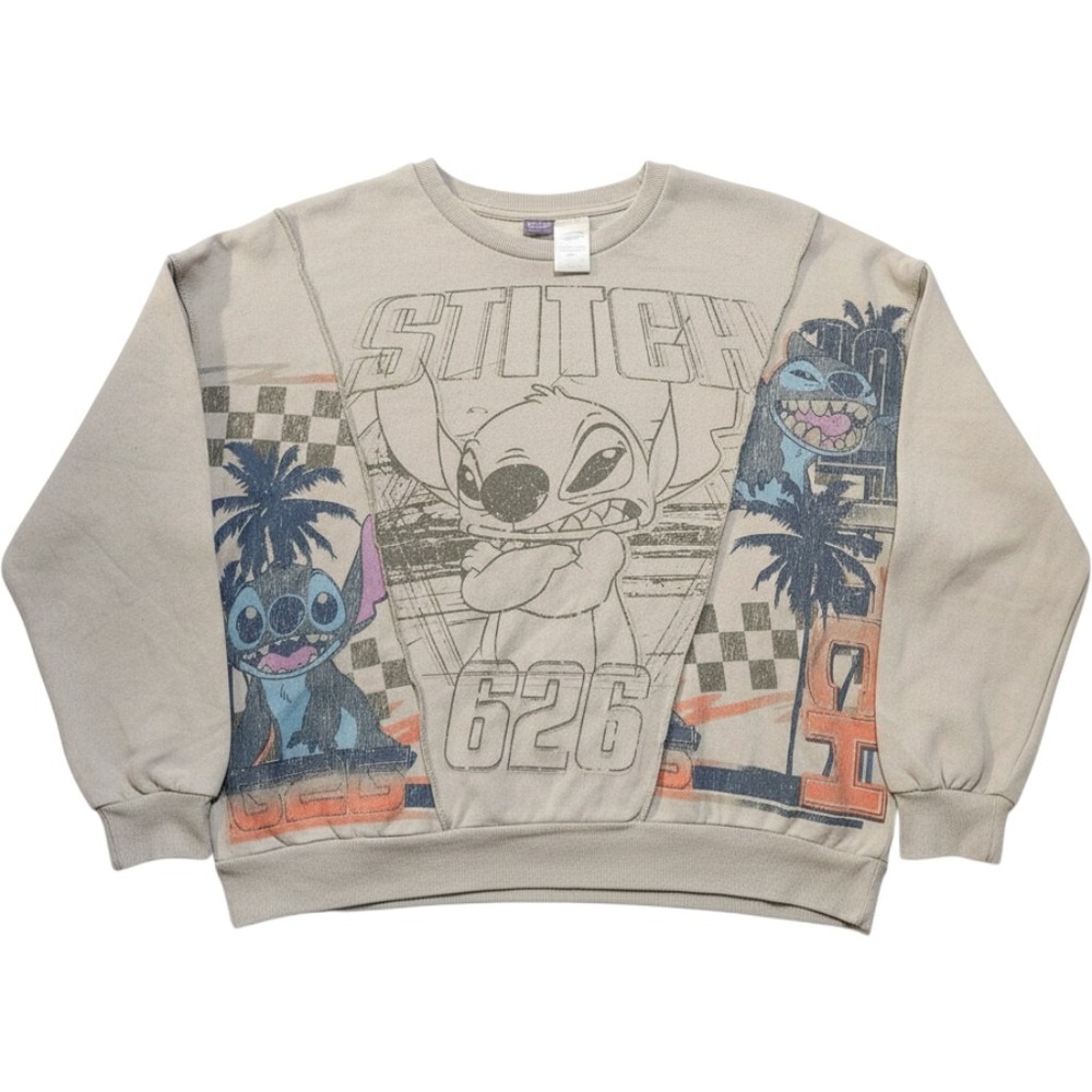 Disney Stitch Graphic Sweatshirt Mens Large Cool Gray Paneled Crewneck Disney
